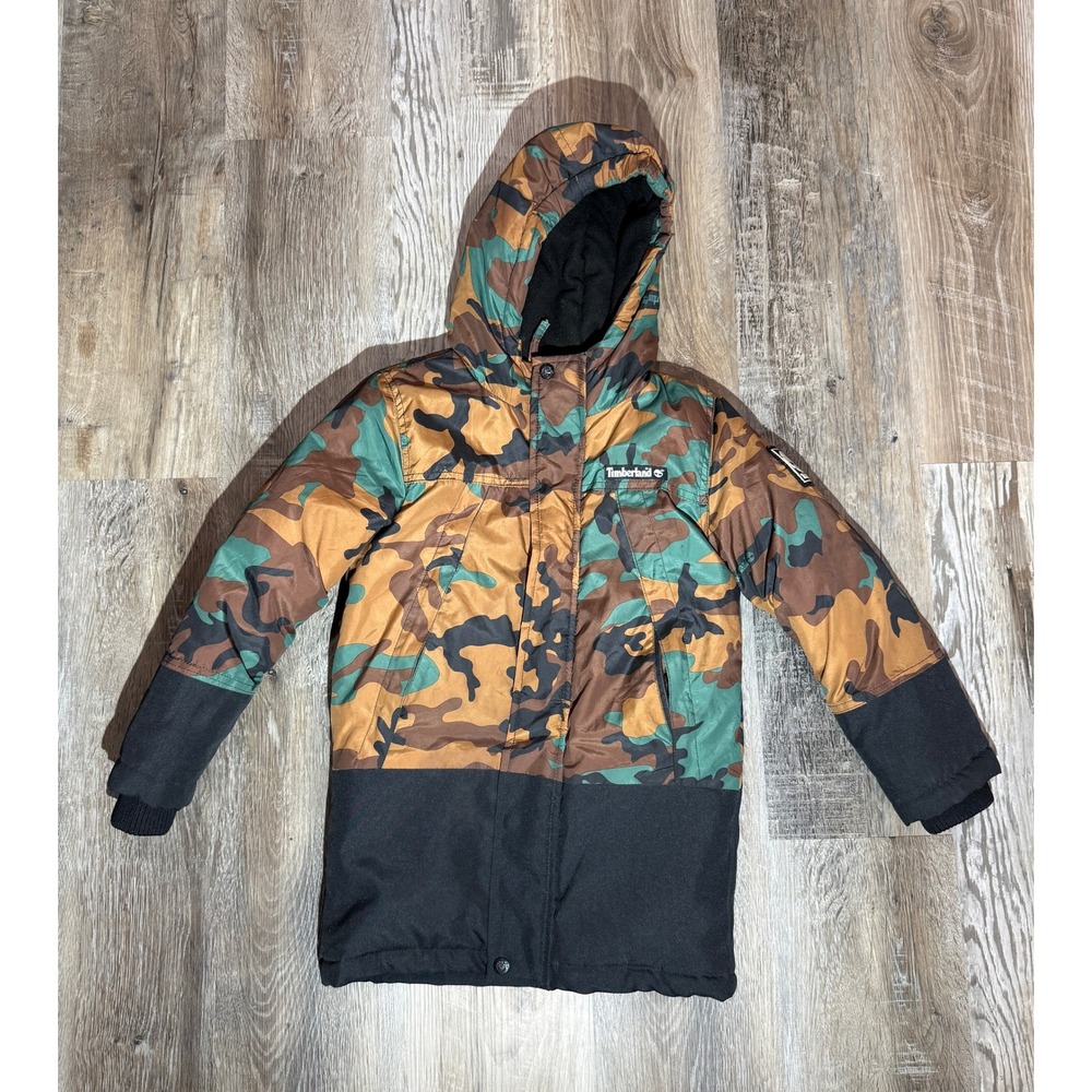 Timberland Boys Camo Puffer Jacket Hooded Parka Coat Woodland XS 5/6 25TLFEM00K